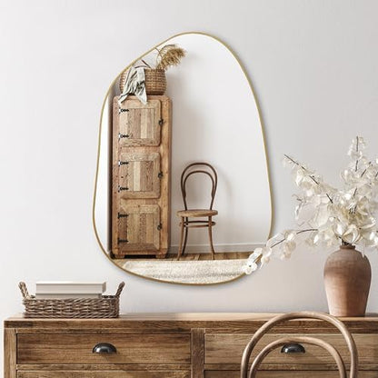 PERFNIQUE Irregular Asymmetrical Wall Mirror, 27''x19'' Gold Bathroom Mirror
