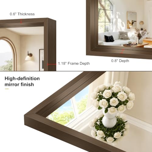 Bathroom Mirror, 18 x 24 inch Walnut Wood Grain Colored Aluminum Metal Frame Bathroom Vanity Mirror, Rectangle Wall Mirror for Bedroom Living Room, Tempered Glass, Horizontal or Vertical