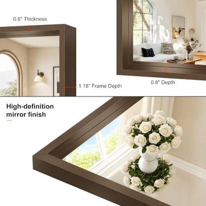 Bathroom Mirror, 30 x 42 inch Walnut Wood Grain Colored Aluminum Metal Frame Bathroom Vanity Mirror, Rectangle Wall Mirror for Bedroom Living Room, Tempered Glass, Horizontal or Vertical
