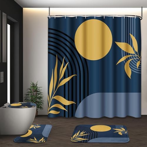 Boho Bathroom Sets with Shower Curtain and Rugs, 4 Pcs, Abstract