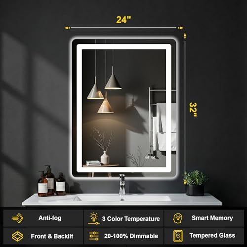 LED Bathroom Mirror with Lights, 24"x32" Lighted Vanity Mirror for Wall