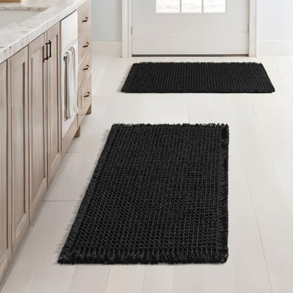 MIULEE Set of 2 Waffle Bathroom Rugs Boho Bath Mat Black 17x24 Inch