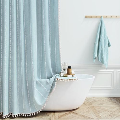 BTTN Fog Blue Boho Farmhouse Linen Heavy Duty Cloth Shower Curtain, 72x72