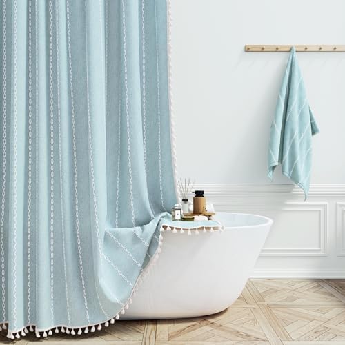BTTN 72x96 Extra Long Boho Linen Heavy Duty Shower Curtain Set, Fog Blue