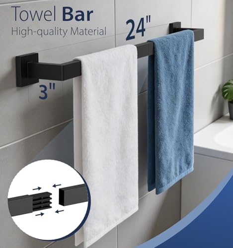 5-Piece Matte Black Bathroom Towel Bar Set,24" Bathroom Hardware Kit
