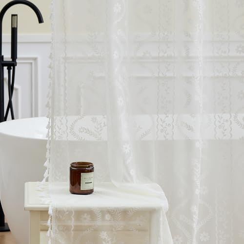 WAZZIO White Lace Shower Curtain - Vintage Pretty Flower Sheer Shower Curtains, Elegant Decorative Tassel Bath Curtains for Bathroom, 72 x 72 Inch, 1 Piece
