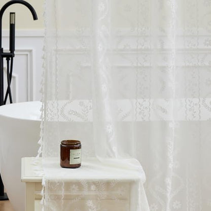 WAZZIO White Lace Shower Curtain - Vintage Pretty Flower Sheer Shower Curtains, Elegant Decorative Tassel Bath Curtains for Bathroom, 72 x 72 Inch, 1 Piece