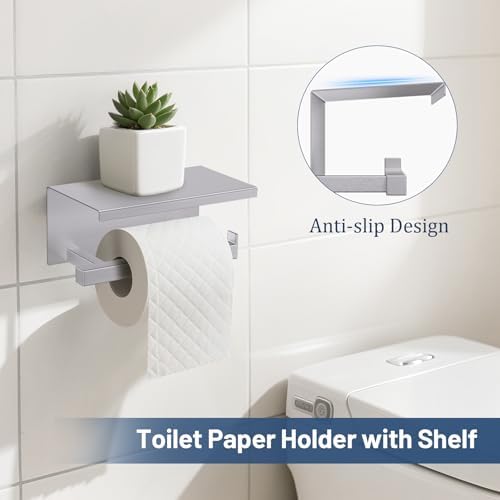 TURS 5-Pieces Brushed Nickel Bathroom Hardware Accessories Set 23.6" Towel Bar Set Wall Mounted Square Toilet Paper Holder with Shelf Stainless Steel