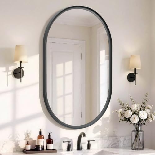 USHOWER Black Pill Oval Mirror for Bathroom 24x36 Inch
