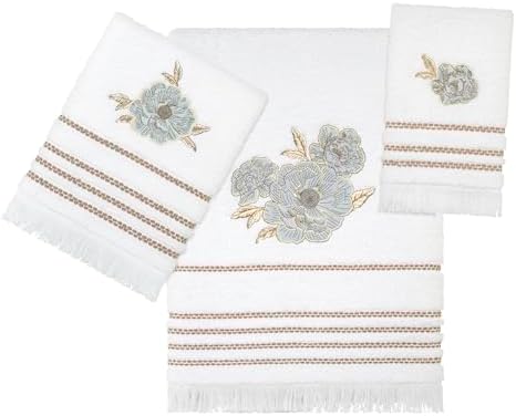 Nicole Miller – Hand Towels, Ringspun Cotton Terry with Floral Embroidered Detail, Striped Accents and Brush Fringe, Set of 2 (Camille)