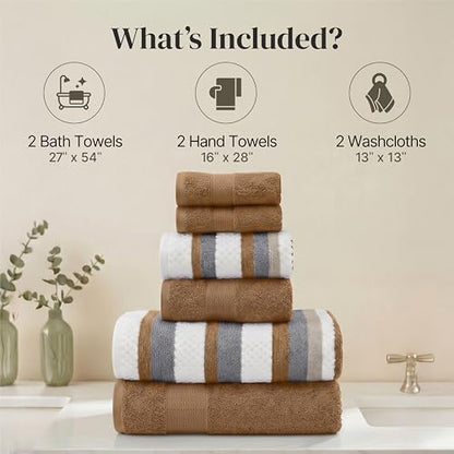 Modern Threads 6 Piece Bath Towel Set – Bathroom Towel Set with 2 Bath Towels, 2 Hand Towels & 2 Washcloths – 100% Cotton, Soft & Absorbent – Wide Stripe (Gold)