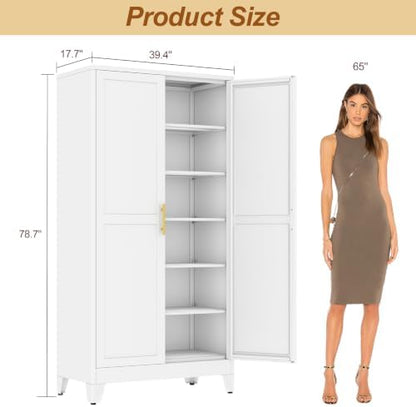 79" White Metal Storage Cabinet with 2 Doors and 5 Adjustable Shelves,Steel Garage Tool Cabinet, File Cabinet,Kitchen Pantry Cabinet for Home,Office,Garage,School,Warehouse