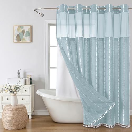 eachope Boho Farmhouse No Hook Shower Curtain with Liner,71x74,Fog Blue
