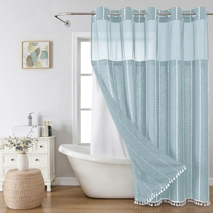 eachope Boho Farmhouse No Hook Shower Curtain with Liner,71x74,Fog Blue
