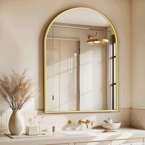 Arched Bathroom Mirror for Wall, 30" x 20" Metal Frame Vanity Mirror, Gold