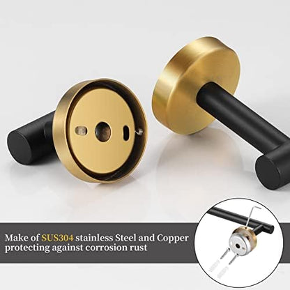 Bathroom Hardware Set Black and Gold，Towel Bar Set Including 2pcs 16inch Towel Bars, 2pcs Toilet Paper Holders, 2pcs Towel Rings and 4pcs Robe Towel Hooks