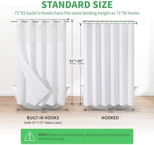 eachope No Hook Linen Texture Shower Curtain with Snap-in Liner,71x92 White