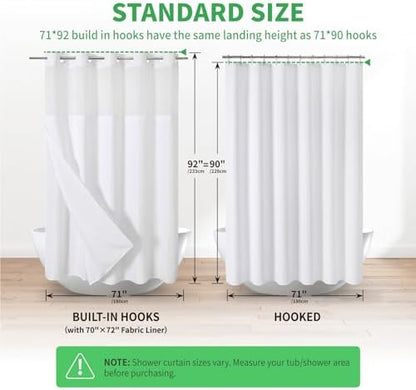 eachope No Hook Linen Texture Shower Curtain with Snap-in Liner,71x92 White