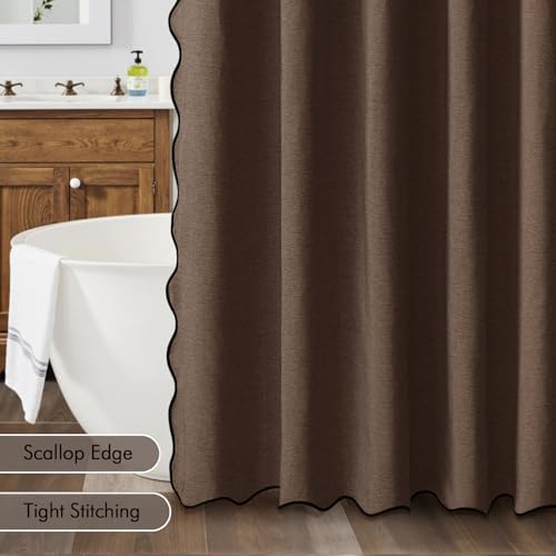MIULEE Brown Extra Long Scalloped Linen Shower Curtain 72x80 Inches