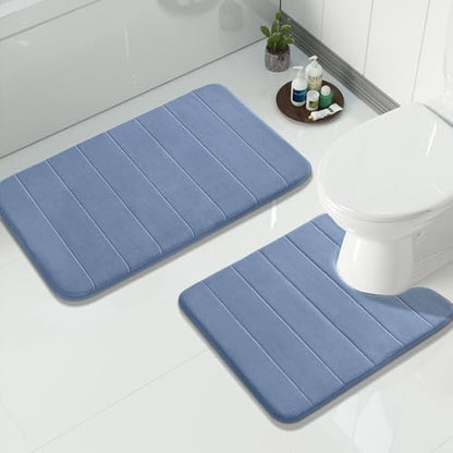 Yimobra Memory Foam Bathroom Mat Set, 31.5 x 20 & 24 x 20 in, Denim Blue