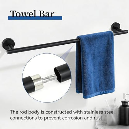 HOMOTEK 4 Pieces Bathroom Accessories Hardware Set, 24 inch Towel Bar, Towel Ring, Robe Hook, Toilet Paper Holder, Stainless Steel Rack Kit Wall Mounted, Matte Black