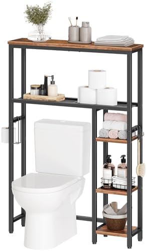 HOOBRO Over The Toilet Storage Cabinet, Freestanding Bathroom Organizer with Toilet Paper Holder, Hooks, 5-Tier Bathroom Storage Shelves for Laundry Room, Space Saver, Rustic Brown and Black BF84TS01