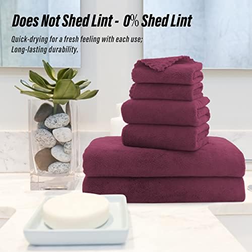 MOONQUEEN Ultra Soft Microfiber Coral Velvet Towel Set - Quick Drying, 2 Bath Towels, 2 Hand Towels, 2 Washcloths - Burgundy, 6 Pcs