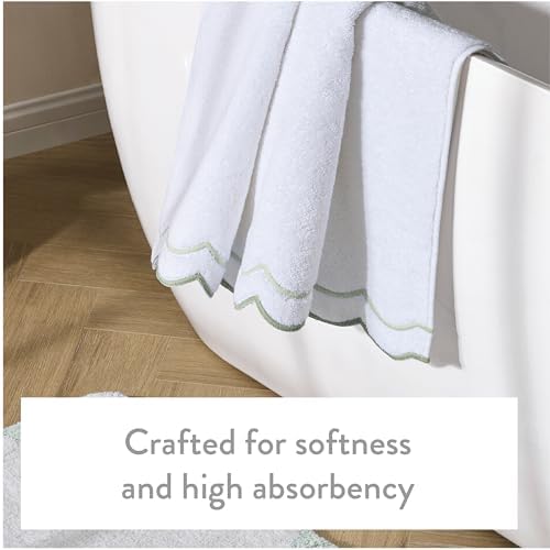 Peri Home 2 Piece Cotton Bath Towel Set, Embroidered, White, Sage Scallop