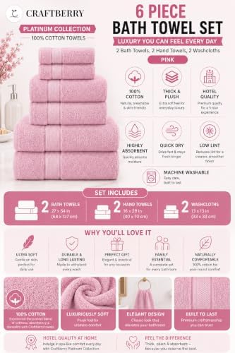 6 Piece Bath Towel Set, 2 Bath, 2 Hand, 2 Washcloths, Pink