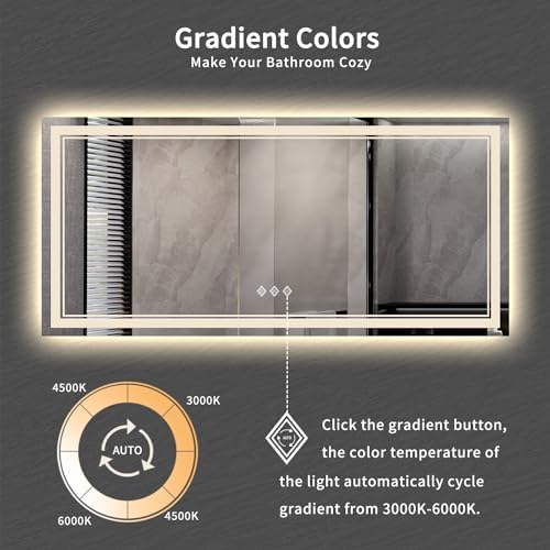 Big Bathroom Mirror, 84x40 Inch Gradient Front and Backlit Lighted Mirror, 3 Colors Dimmable CRI>90 Double Lights, IP54 Enhanced Anti-Fog, Wall Mount LED Vanity Mirror