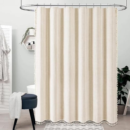 BTTN 72 x 80 Boho Linen Heavy Duty Cloth Shower Curtain Set, Cream/Beige