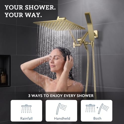 G-Promise All Metal 8-Inch Dual Square Shower Head Combo, Rain Shower Head, Handheld Shower Wand with 71-Inch Extra Long Hose, 3-Way Diverter, Adjustable Extension Arm, Brushed Gold