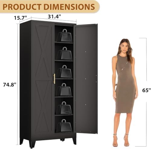 75" Metal Storage Cabinet with 2 Doors and 5 Adjustable Shelves,Black Farmhouse Kitchen Pantry Cabinet,Steel Garage Tool Cabinet,File Cabinetfor Home,Office,Dinning Living Room,Warehouse