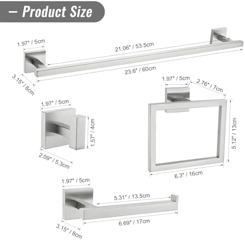 YACVCL Towel Bar Set, 5 Pieces Bathroom Hardware Set Brushed Nickel Bathroom Accessories, SUS304 Stainless Steel Towel Racks Holder Set Wall Mounted 23.6 Inch
