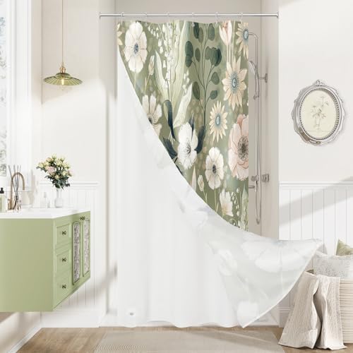 3 in 1 Green Floral Shower Curtain Set with PEVA Liner & 12 Hooks, 36 x 72