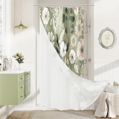 3 in 1 Green Floral Shower Curtain Set with PEVA Liner & 12 Hooks, 36 x 72