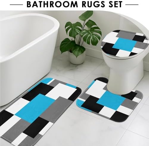 Bathroom Sets with Shower Curtain and Rugs, 4 Pcs, Blue Geometric