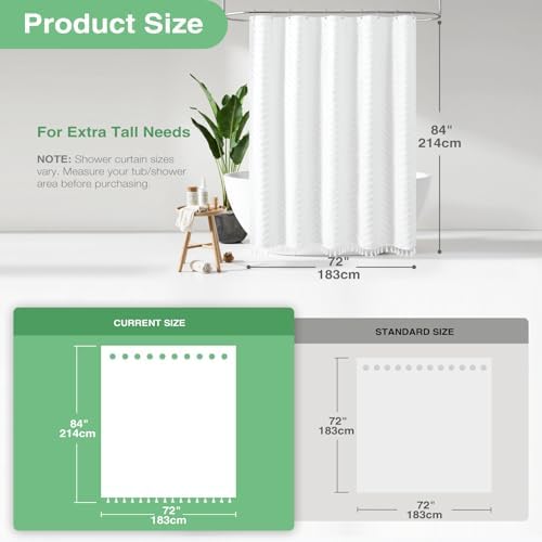Dynamene Extra Long Boho Fabric Shower Curtain Tufted Chevron 72"x84" White
