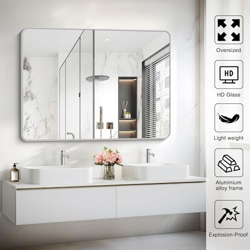 48x36 Inch Silver Bathroom Mirror, Large Rectangular Vanity Mirror, Metal Framed Rectangle Mirrors, Rounded Corner Wall Mounted Mirrors for Living Room Bedroom Entryway Horizontal or Vertical