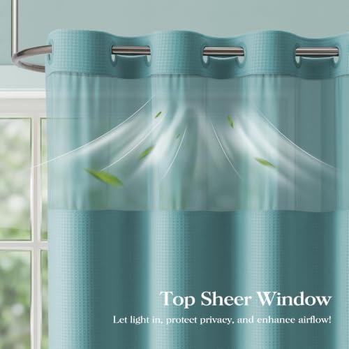 Dynamene Teal Hook Free Waffle Shower Curtain & Snap-in Fabric Liner,72x99