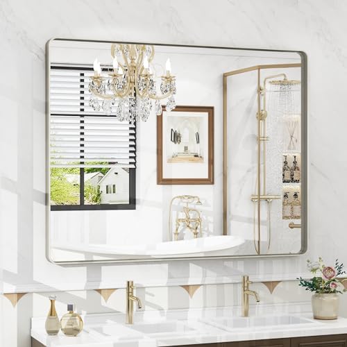 40x30 Inch Brushed Nickel Bathroom Mirror, Brushed Silver Metal Framed Wall Mirror, Rounded Corner Rectangle Modern Vanity Mirror, Tempered Glass, Anti-Rust, Shatterproof (Horizontal/Vertical)