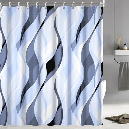 Sky Blue Striped Shower Curtain with Hooks for Bathroom 72x96 Inch