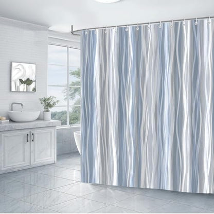 Moonslim Blue Grey Ombre Shower Curtain, Modern Wavy Abstract Striped Line Bathroom Curtain, Waterproof Fabric Bath Decor, 72 x 84 Inch