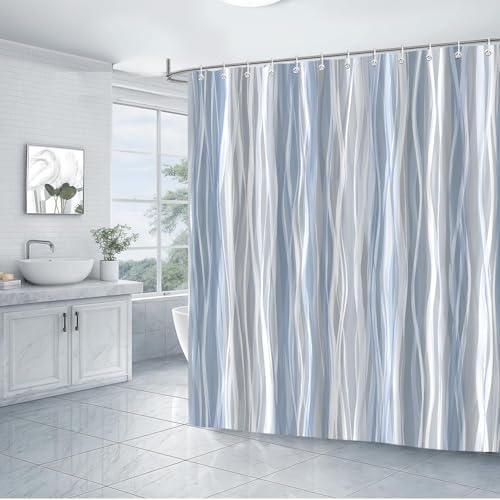 Moonslim Blue Grey Ombre Shower Curtain, Modern Wavy Abstract Striped Line Bathroom Curtain, Waterproof Fabric Bath Decor, 72 x 78 Inch