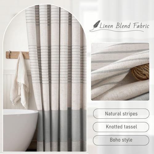 Grey Farmhouse Linen Striped Shower Curtain with Tassel 48"W X 72"L