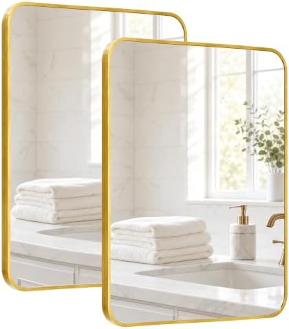 2-Pack 22x30 Inch Brushed Gold Rounded Rectangle Vanity Mirrors