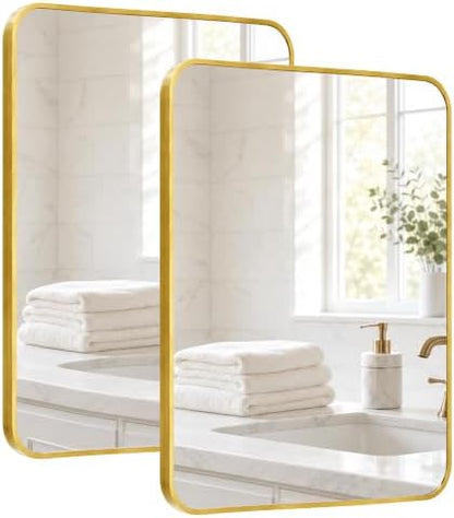 2-Pack 22x30 Inch Brushed Gold Rounded Rectangle Vanity Mirrors