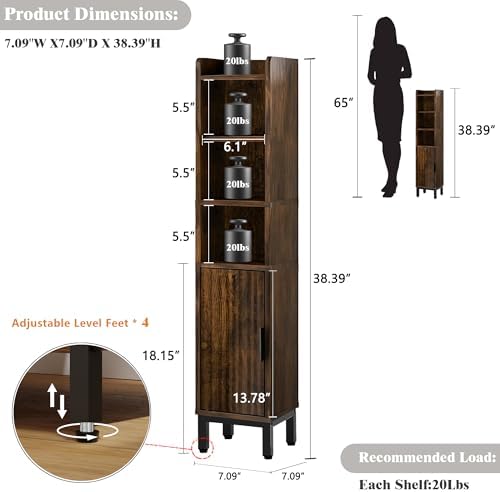 FerniTry Narrow Bathroom Storage Cabinet, Corner Toilet Paper Floor Cabinet 5 Tiers with Door and Shelves,Bathroom Organizer with Adjustable Shelf, for Small Spaces(Rustic Brown)