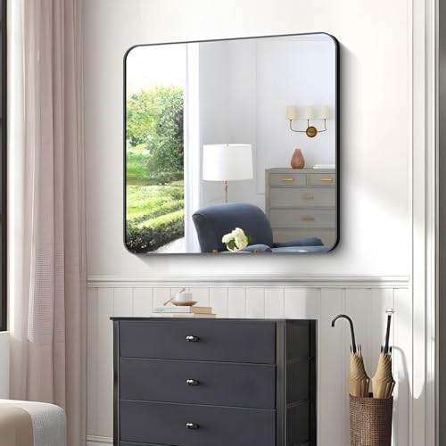 Bathroom Mirror, 42x42 inch Black Square Wall Mirror, Rounded Corner Aluminum Metal Frame Vanity Mirror, Large Wall Mounted Mirrors for Over Sink Bedroom Living Room Entryway