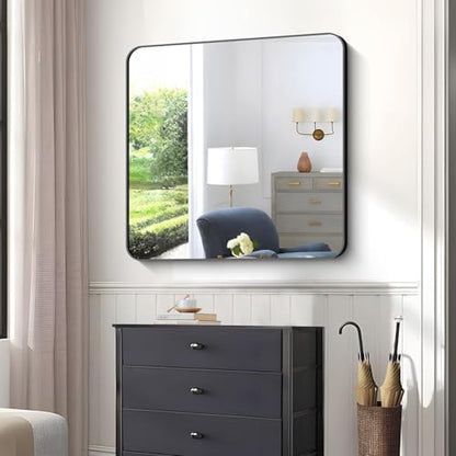 Bathroom Mirror, 42x42 inch Black Square Wall Mirror, Rounded Corner Aluminum Metal Frame Vanity Mirror, Large Wall Mounted Mirrors for Over Sink Bedroom Living Room Entryway